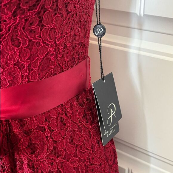 NWT Adrianna Papell Crimson V Neck Lace Dress with Satin Belt - Picture 3 of 6